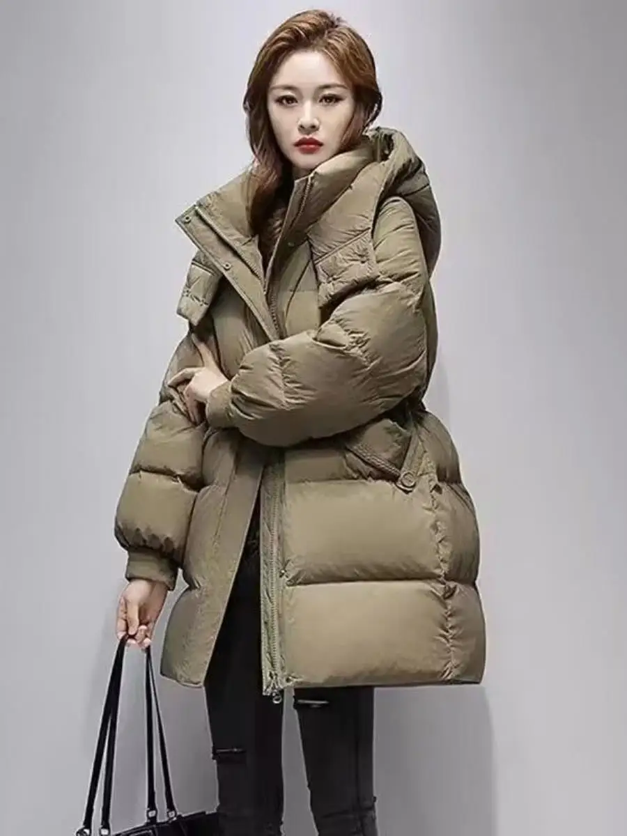 Women's Mid-Length down Jaet Du Feather Thiened Warm Coat Loose Fit Waist-Cinching Hooded Winter Outerwear