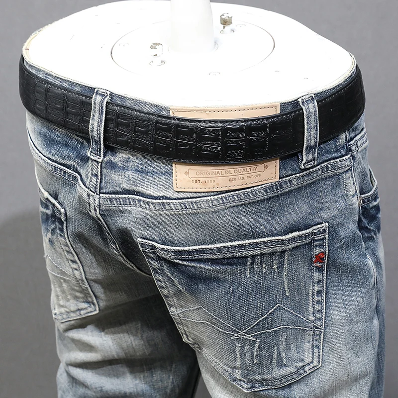 Fashion Vintage Men Jeans High Quality Retro Washed Blue Stretch Slim Fit Ripped Jeans Men Vintage Casual Denim Pants Hombre