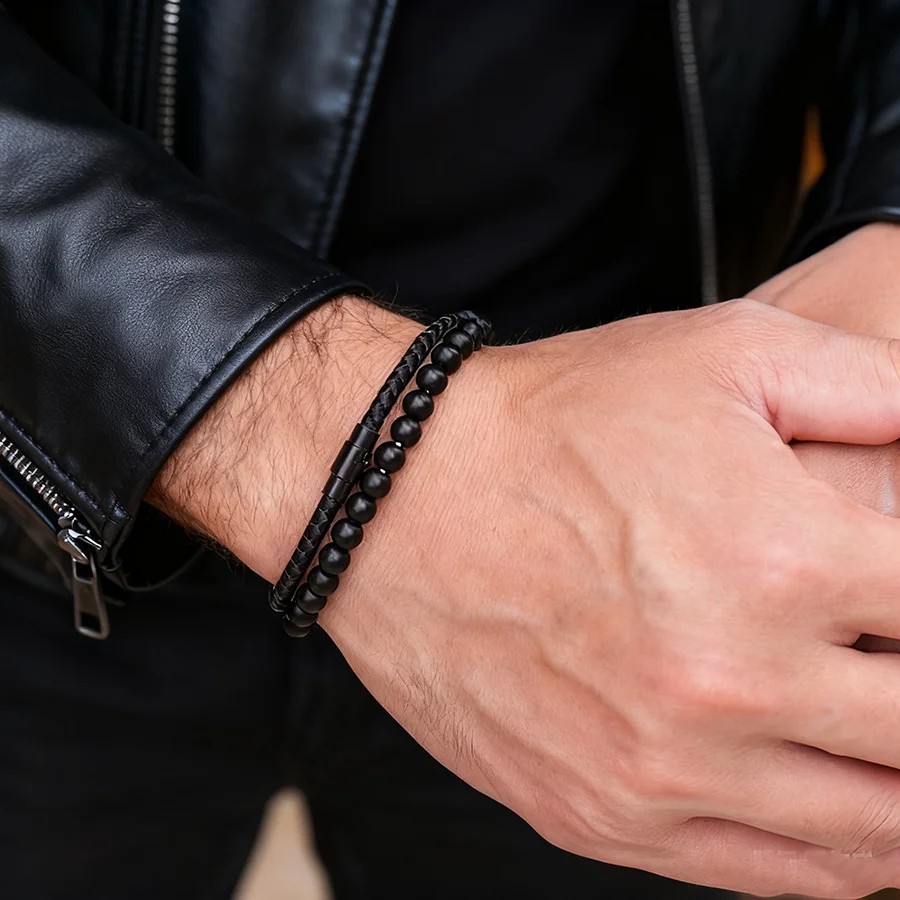 Noter 2 pièces Hiphop Bracelet ensemble pour hommes 5 couleurs disponibles haute qualité 4mm quille chaîne 6mm Onyx pierre guérison Braslet Bracelet