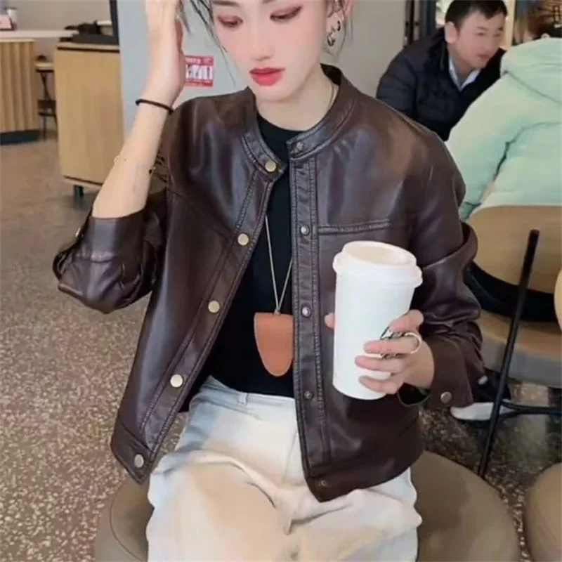Autumn Femme Stand Collar Faux Leather Outwear Lady Large Size 4XL Leather Tops Coat Korean Women Long Sleeves PU Leather Jacket 4