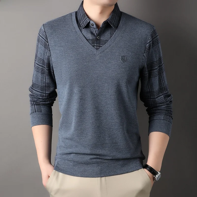 

Men's Long Sve T-irt Fake Two-Piece irt Collar Casual Faion Inteated Design Polyester Viscose Spandex Blend