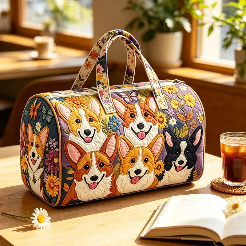 Vintage Floral Patchwork Quilted Duffle Bag Cute Welsh Corgi Dog Weekender Travel Bags Large Capacity Women Portable Handbag