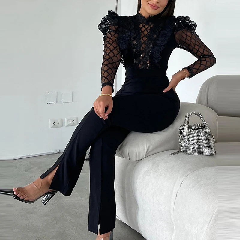 Sexy See-through Sequins Lattice Slim Jumpsuit Women High Waist Turtleneck Romper Commuter Lady Lace-Mesh Stitching Combination