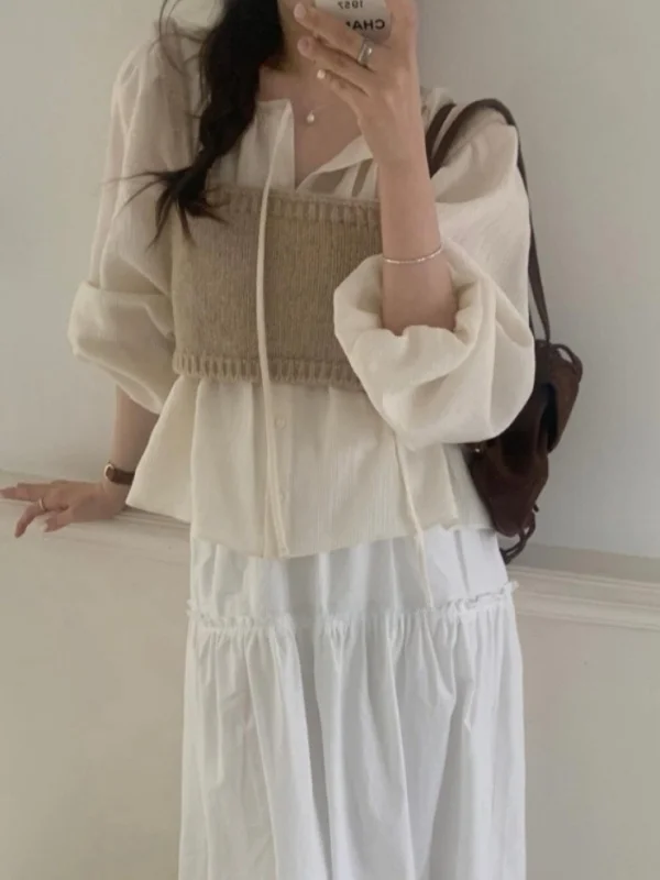 

Свободный женский комплект с юбкой irt, осенний модный корейский комплект с длинной Sve Crew Ne, комплект футболок для похудения, белый, улучшающий