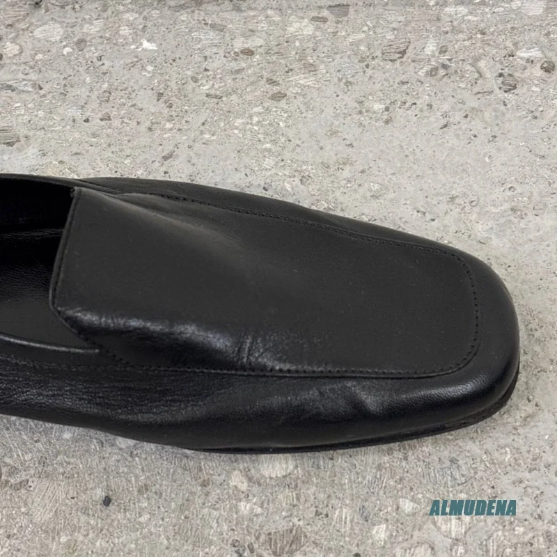 

Black Genuine Leather Men's Slip-On Loafers Square Toe Backless Mules Casual Minimalist Flat Shoes for Office Daily