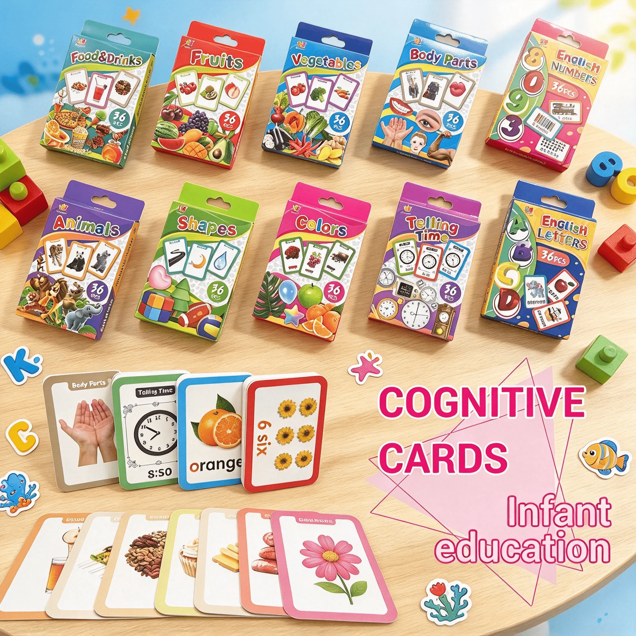 36 English-learning flashcards—covering animals, fruits, and body parts; an educational resource for use at home.