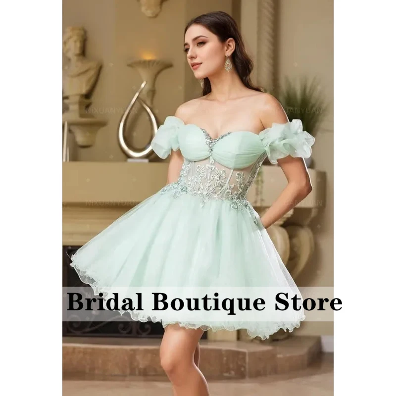 Elegant A-Line Lilac Prom Dress Off Shoulder Sweetheart Pleats Beading Party Gowns Above Knee Evening Dress Customized
