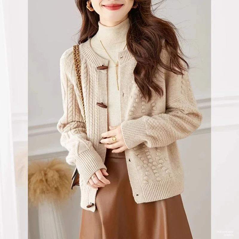 

Loose Twist Sweater Jacket Autumn Winter New Retro Commuter Round Neck Horn Knitted Cardigan Top