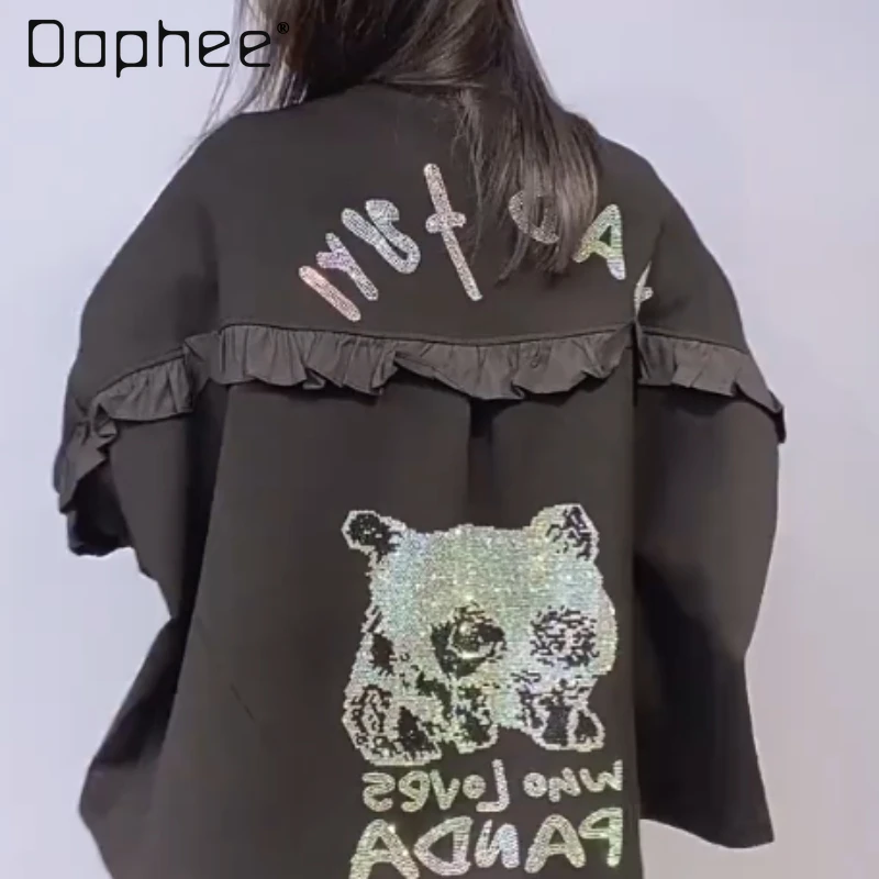 

European Style Women's Clothing Ruffled Rhinestone Cardigan Zipper Jacket Women's Autumn Batwing Sleeve Black Versatile Jacket