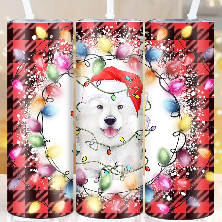 1Pc 3D Print Cute Dog & Coloful Light Party Tumbler Straw Lid 20oz Merry Christmas Party Supplies Reusable Festive Tumblers