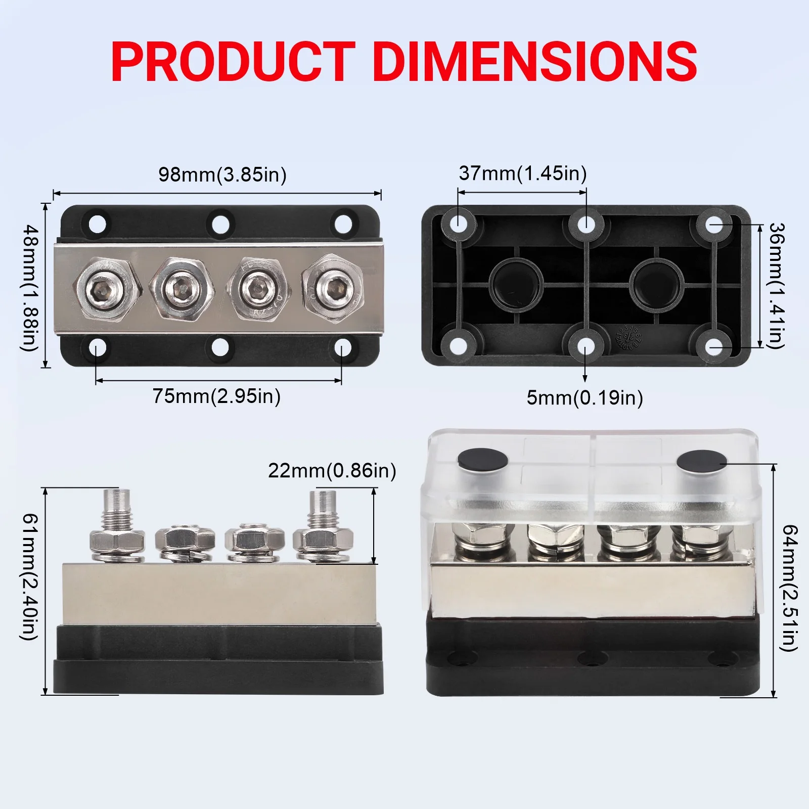 4 M10 Studs 3/8 inch For Battery Truck Marine RV Red Black Heavy Duty 600A 48V Bus Bar Distribution Block Nickel Plated Copper