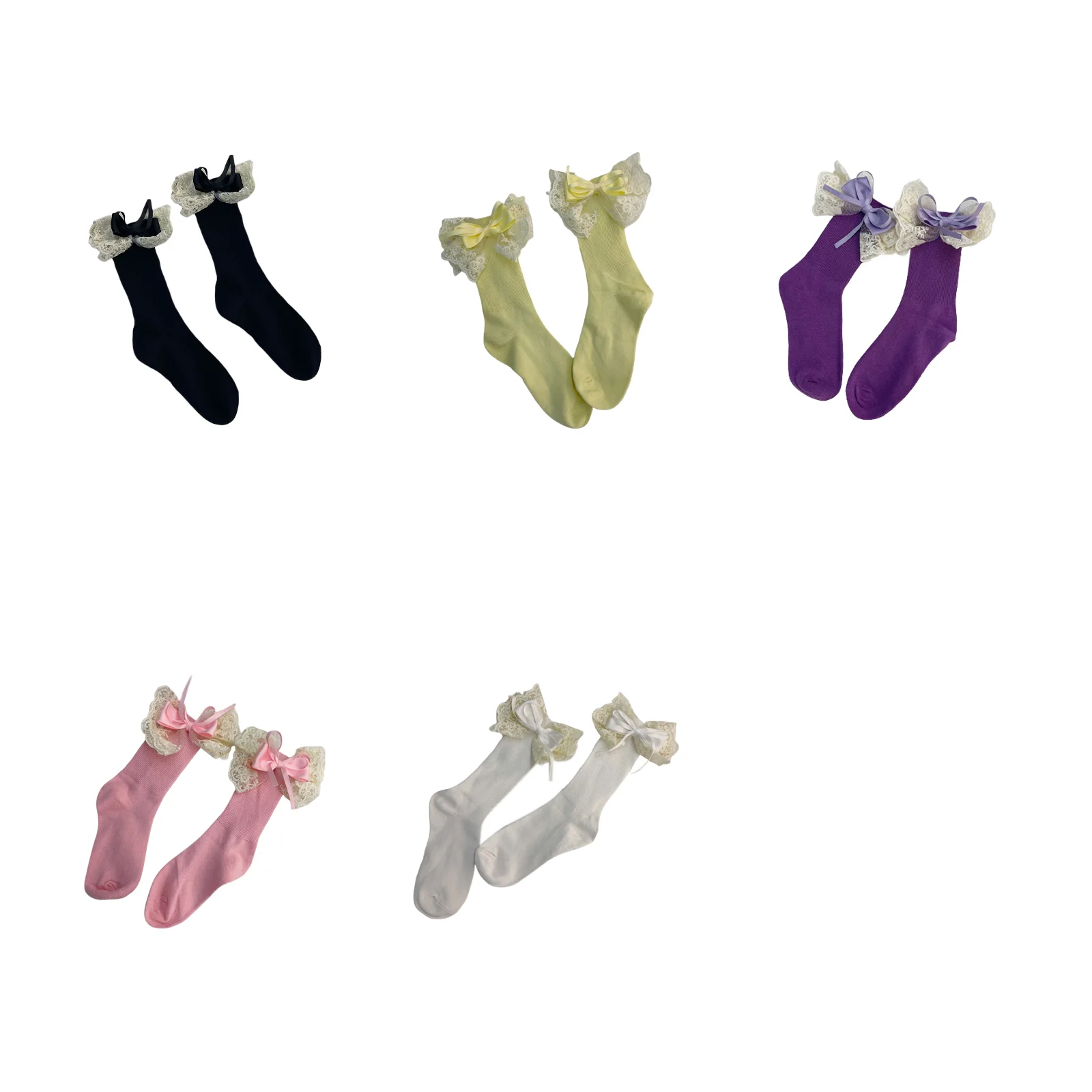 

Lolita girl soft girl cotton mid-calf socks set (1 pair each of black/yellow/purple/pink/white) lace bow big lace