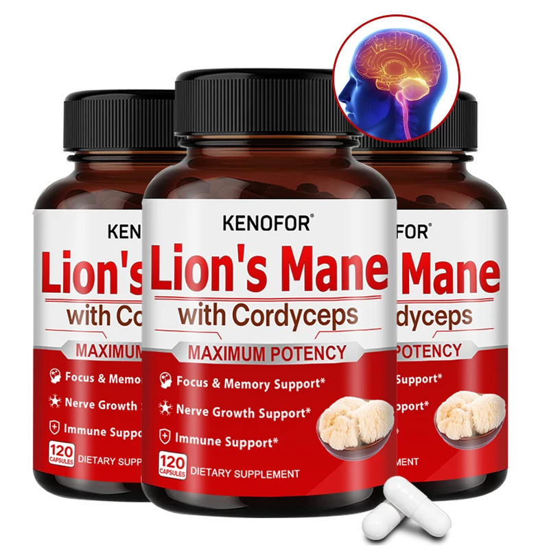 Kenofor Lion\'s Mane Cordyceps Extract Capsules - Immune Boost, Focus, Brain Booster and Nerve Growth Support Dietary Supplement