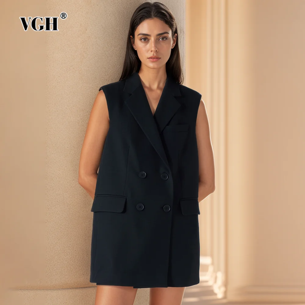 

VGH Elegant Spliced Bowknot Dresses For Women Notched Collar Long Sleeve Patchwork Double Breasted Chic Dress Female Style