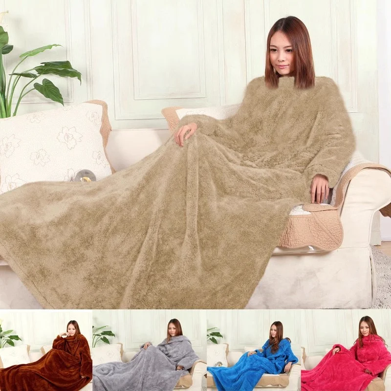 Wearable Blanket Throw Giant Warm Thicken Flannel Fleece TV Sofa Blanket With Sleeves Home Office Velvet Blankets Solid Winter