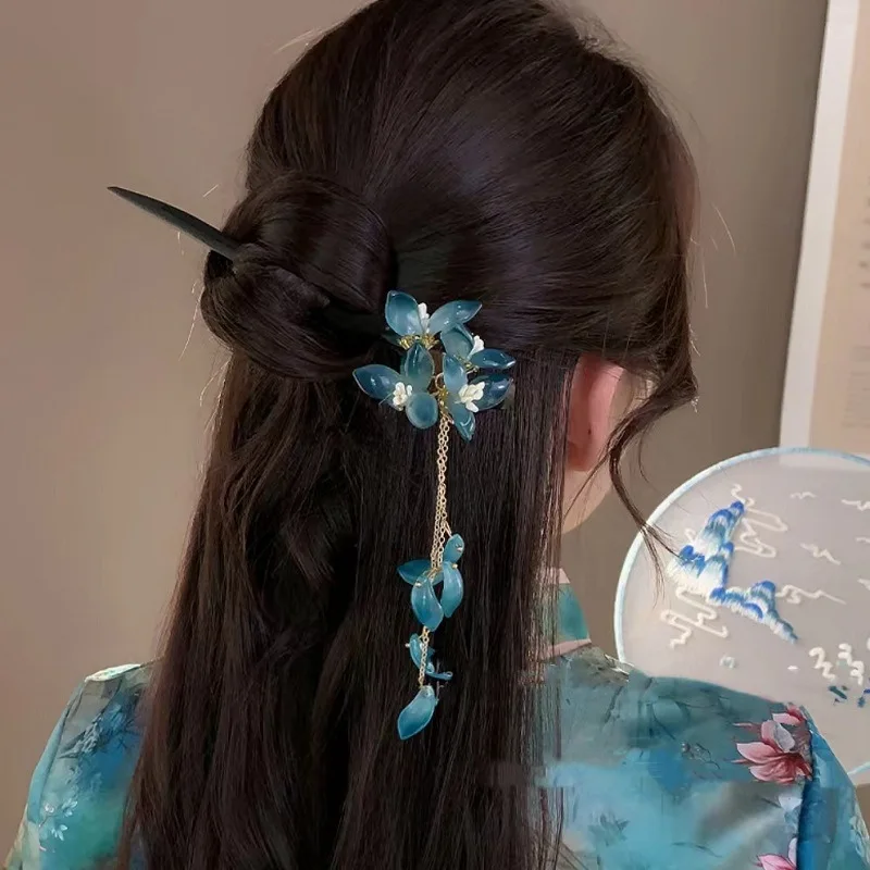 สไตล์จีนใหม่เคลือบสีฟ้าดอกไม้ผม Sticks สําหรับผู้หญิง Retro ผม Pins คุณภาพสูง Hanfu ตะเกียบ Headdress