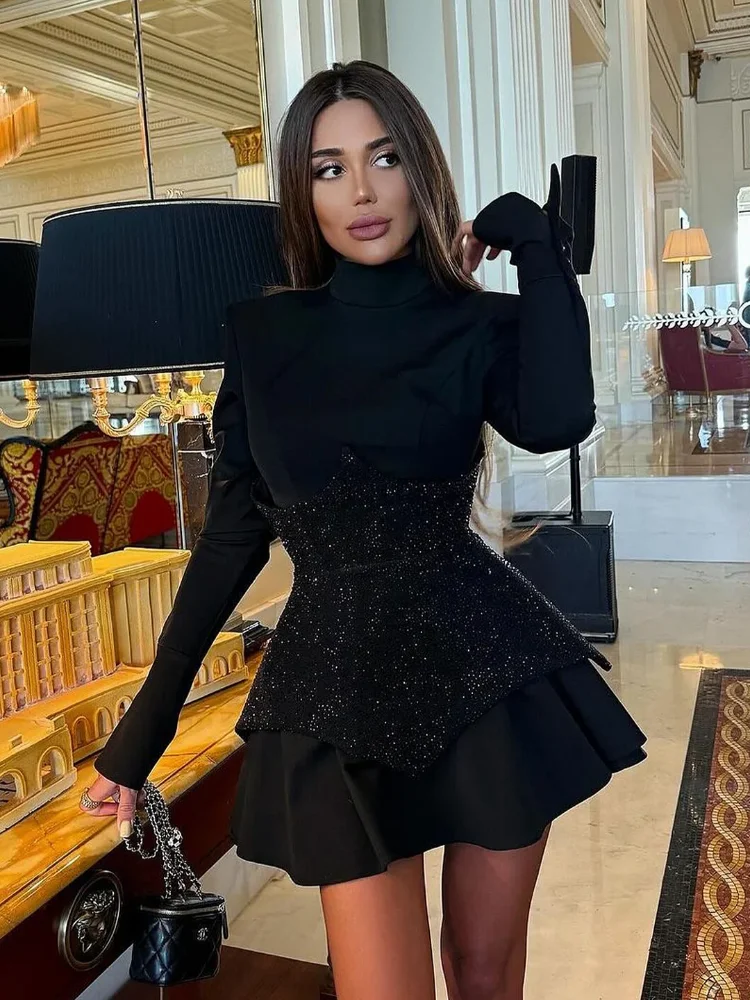 New INS 2024 Women Sexy Long Sleeve Black Pleated Dress High Street Glitter Celebrity Office Lady Dress