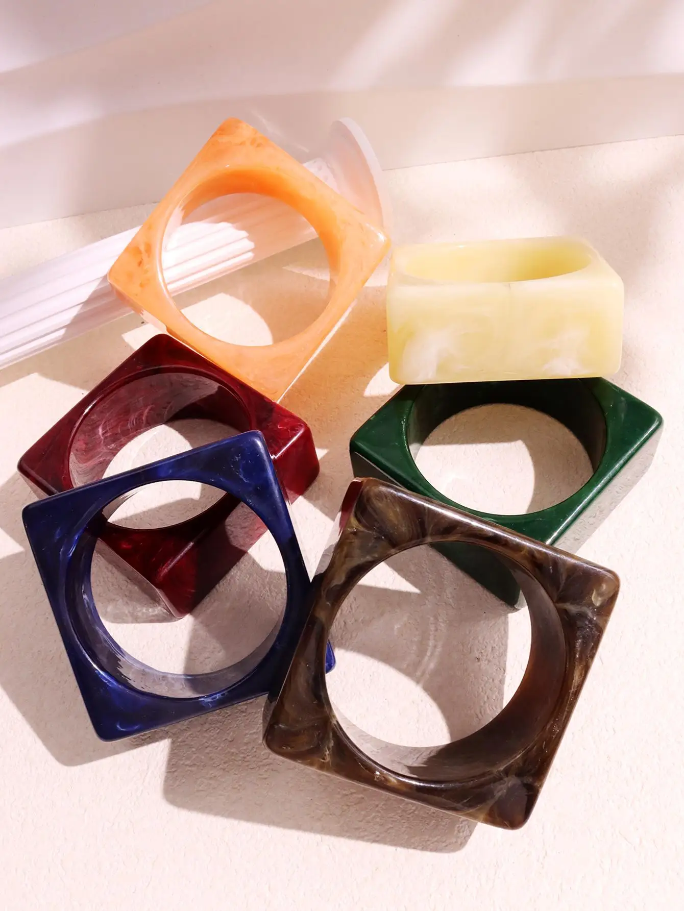 HUANQI Fashion Chunky Thick Colorful Marble Pattern Acrylic Resin Square Round Bangles for Women Girls Party Travel Jewelry