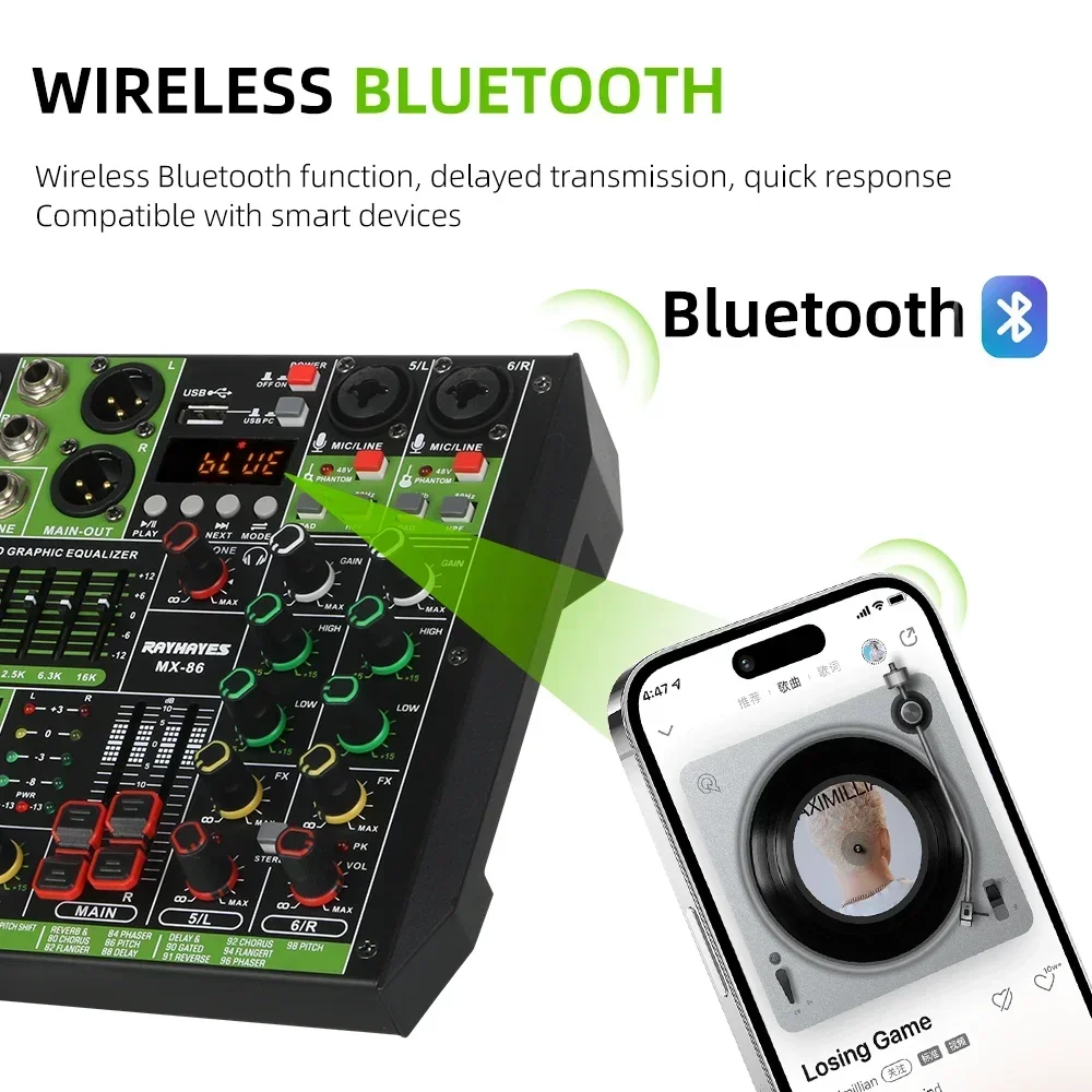 RAYHAYES MX-88 8-Channel Professional Audio Mixer USB Bluetooth Audio Interface DJ Mixer for Stage and Studio