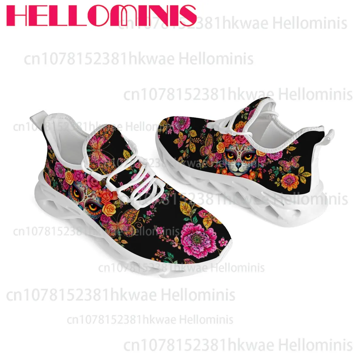 Unisex Mexican Day of the Dead Sugar Cat Floral Butterfly pattern easy to wear Casual Running Adult couple Walking shoes