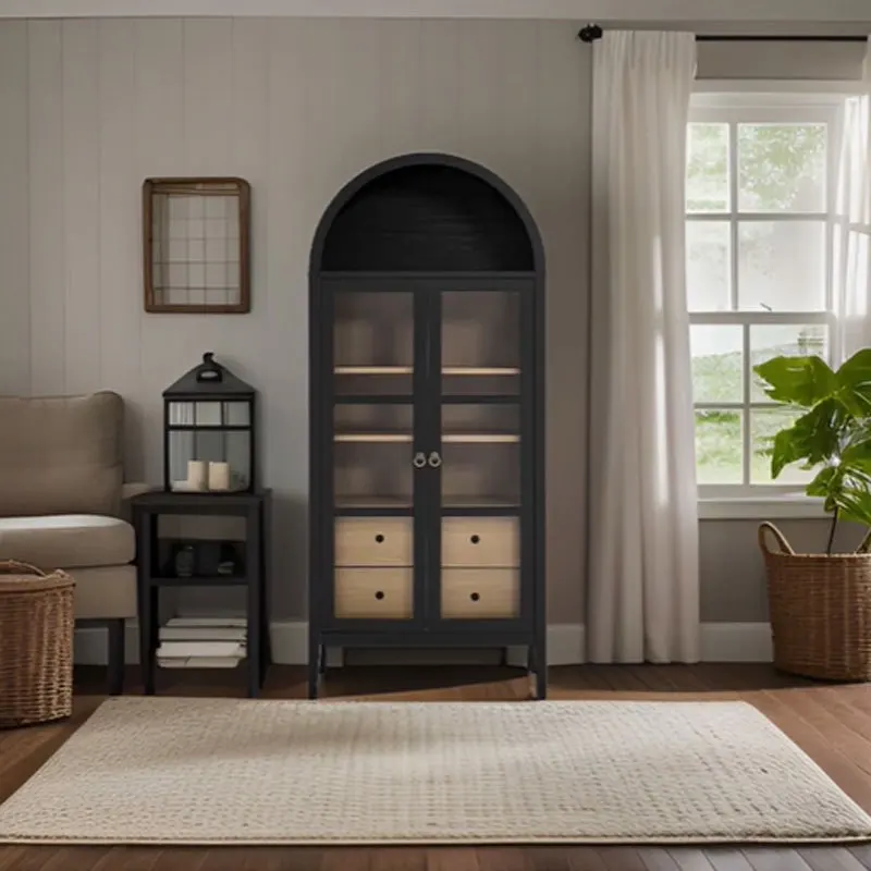 Factory Direct 2026 American light luxury solid wood floor-to-ceiling bookcase living room wall arched glass door storage displa