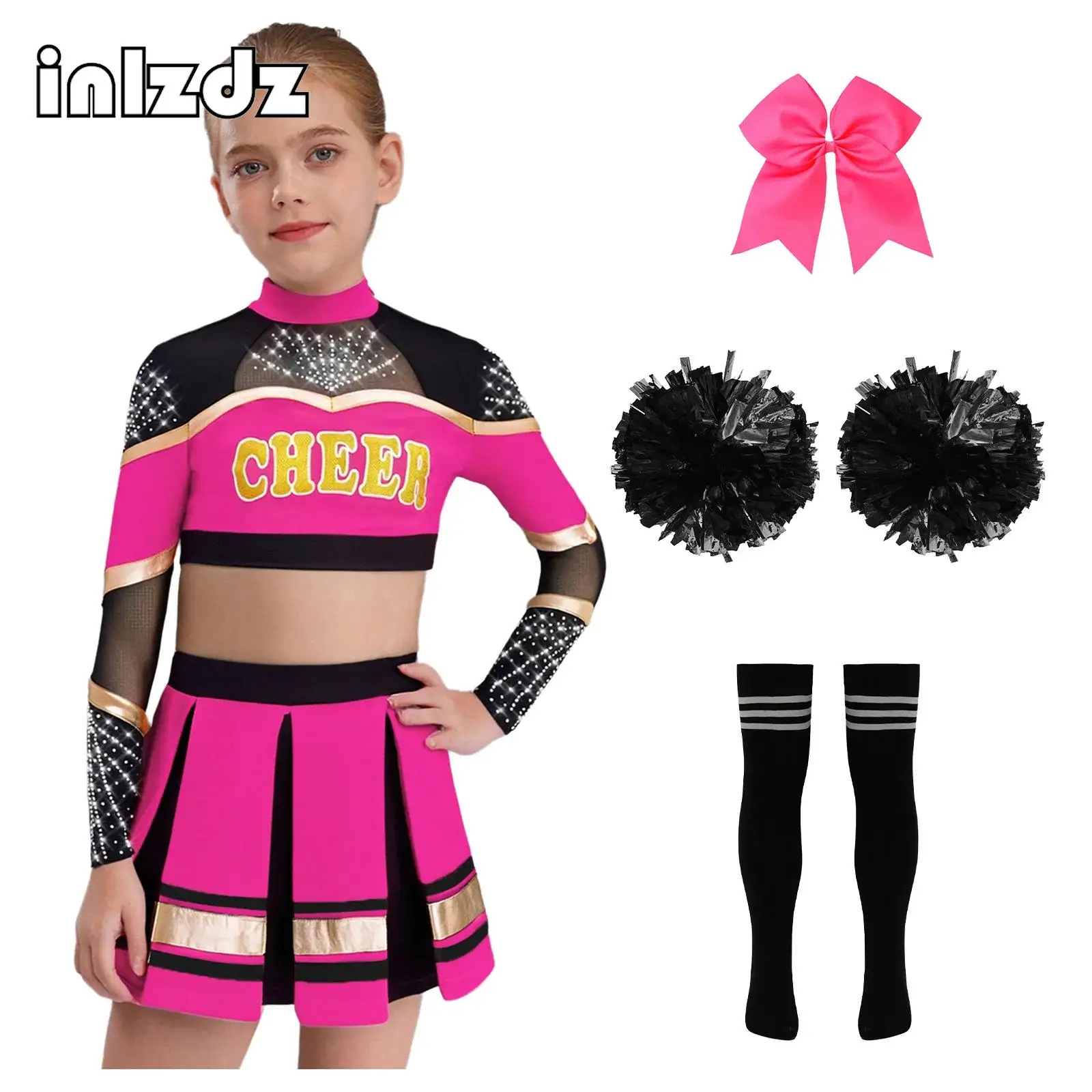 

Kids Girls Cheer Leader Dance Outfit Glitter Rhinestones Cheerleading Uniform School Show Performance Costume for Birthday Party
