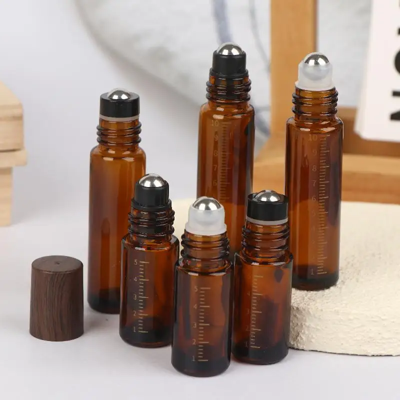 

5ml/10ml Amber Clear Glass Roll on Bottles with Plastic Wood Grain Cap Sample Roller Ball Vials for Essential Oil And Perfume