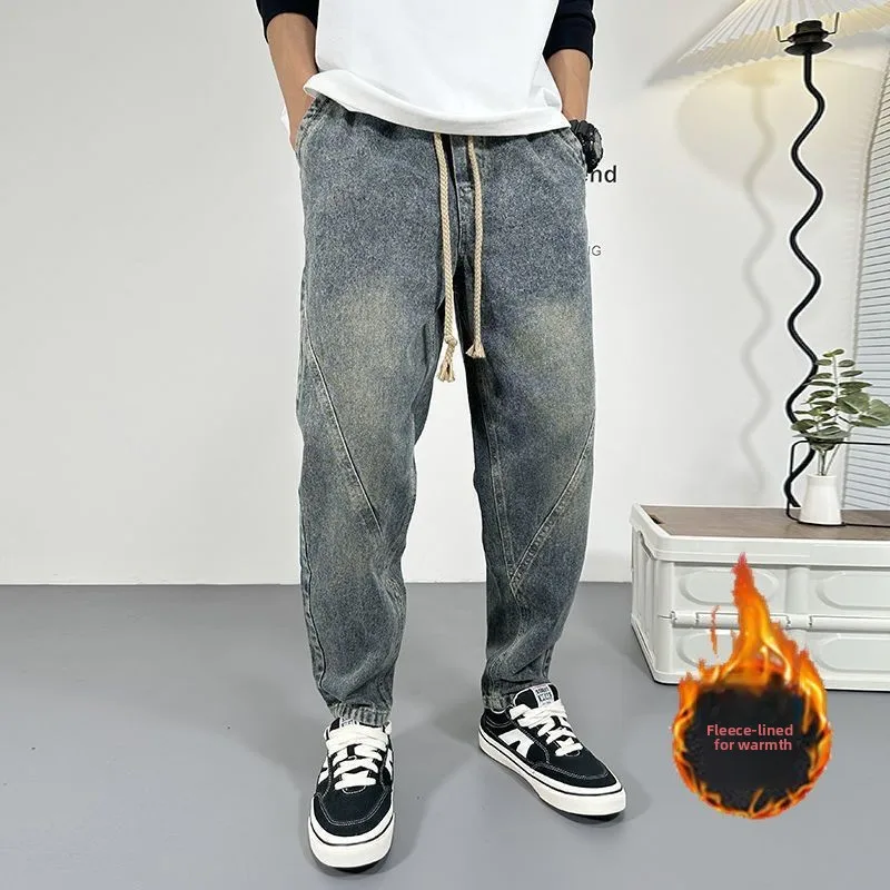 

Мужские джинсы в стиле ретро, с начесом, потертые, винтажные, свободные, прямые, повседневные, износостойкие, из смесового хлопка