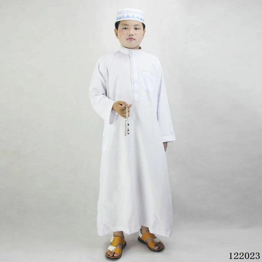 Bata musulmana de poliéster para niño, cómoda bata tradicional islámica de Juba Tobe, vestido bordado, vestido blanco de oración de Ramadán