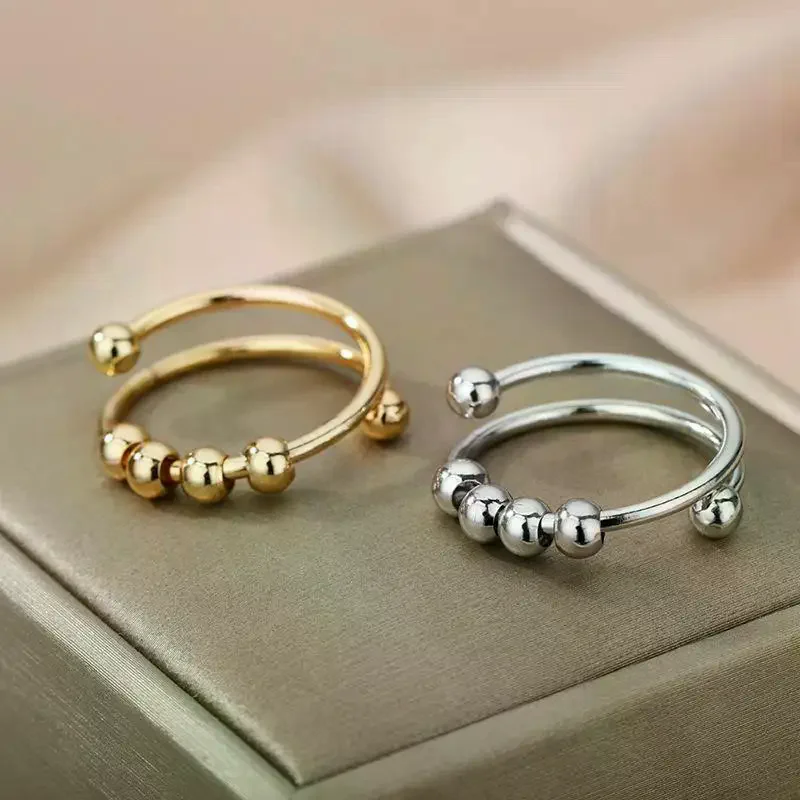 Adjustable Anxiety Balls Beads Rings For Women Open Spinner Finger Ring Stainless Steel Rotating Freely Anti Stress Jewelry Gift