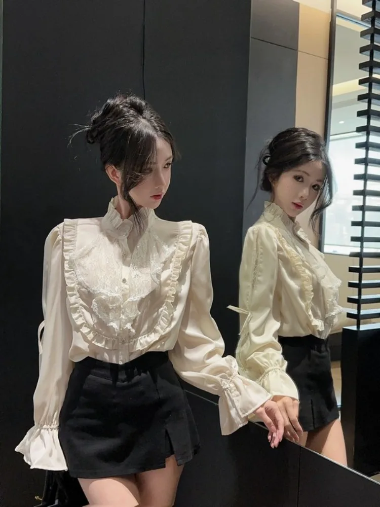 

Elegant Lace Trim Acetate Satin Women's Shirt Spring Court Style High End Luxury Beautiful Top Lady's Fashion Commute Loose Fit