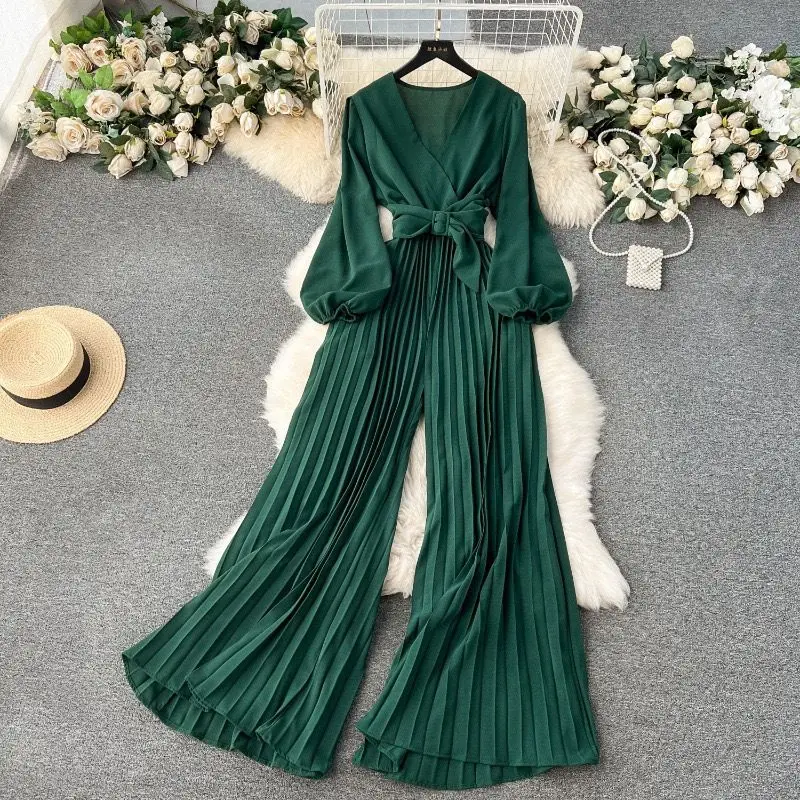 Bubble sleeve dress 2024 spring new style temperament lace up waist cinching long pleated wide leg pants new in matching sets