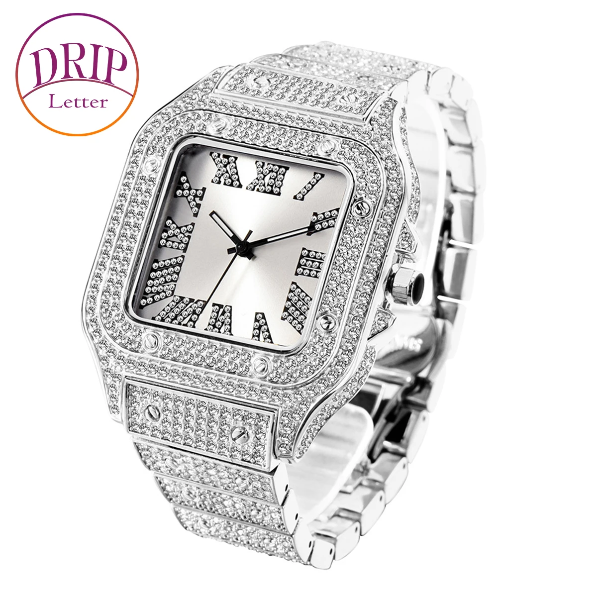 

Drip Letter Iced Out Diamonds Watches 2023 Trend Stainless Steel Wristwatches for men Full Stones Zircon Quartz Square Gift