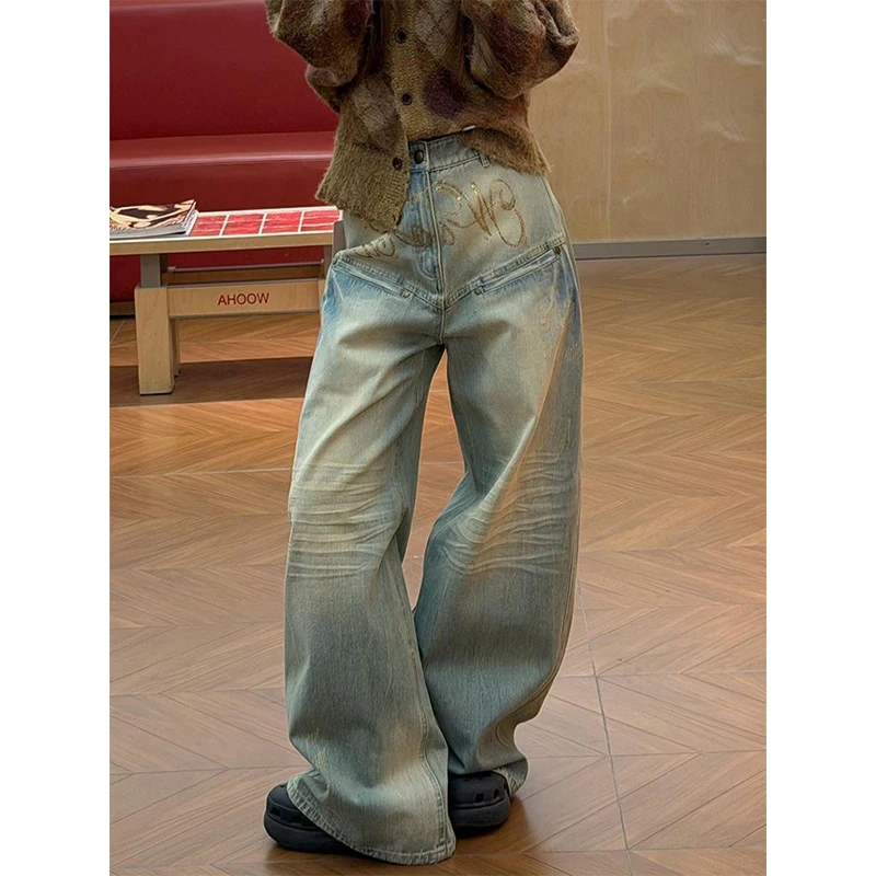 

Женские винтажные синие джинсы со стразами, американские ретро 2200, джинсовые брюки с высокой талией, уличная одежда, свободные модные широкие брюки