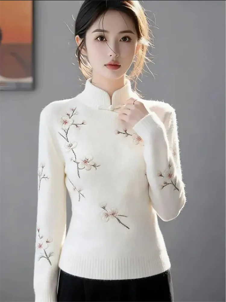 Vintage Chinese Frog Button Stand Collar Knit Sweater Women Plum Blossom Embroidery Slim Long‑Sleeve Oriental Winter Jumper