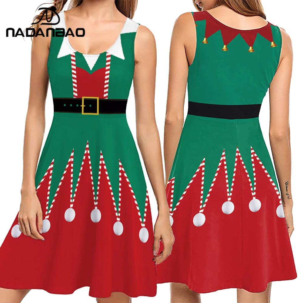 

Nadanbao Women Christmas Elf Sleeveless Dress Xmas Holiday Party Costume Sleeveless Sexy Dresses New Year Performance Outfit