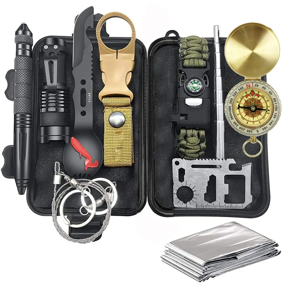 12 in 1 Survival Kits Emergency Survival Gear Equipment Camping Hiking Outdoor Adventure Cool Gadgets with Compass Flashlight