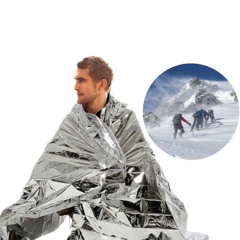 Poncho térmico de emergencia, manta ligera, plegable, resistente al agua, sombrilla a prueba de viento, reutilizable, primeros auxilios, estera de Camping, cubierta