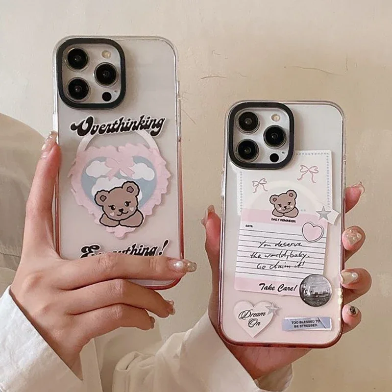 

Cartoon Sticker Bear Pink Gradient Transparent Border IPhone 13 14 15 Pro Max Case with MagSafe