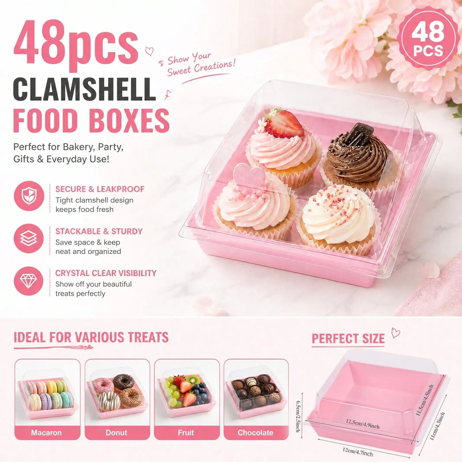 48pcs Pink Oil-Proof Paper Cake Slice Boxes With Clear Lids - 4.72inch Food-Dessert Containers For Bakery, Macarons, Cookies, Charcuterie, Treat Boxes Dessert Boxes For Class Birthday Wedding Party Mother's Day Gift, Gift Box