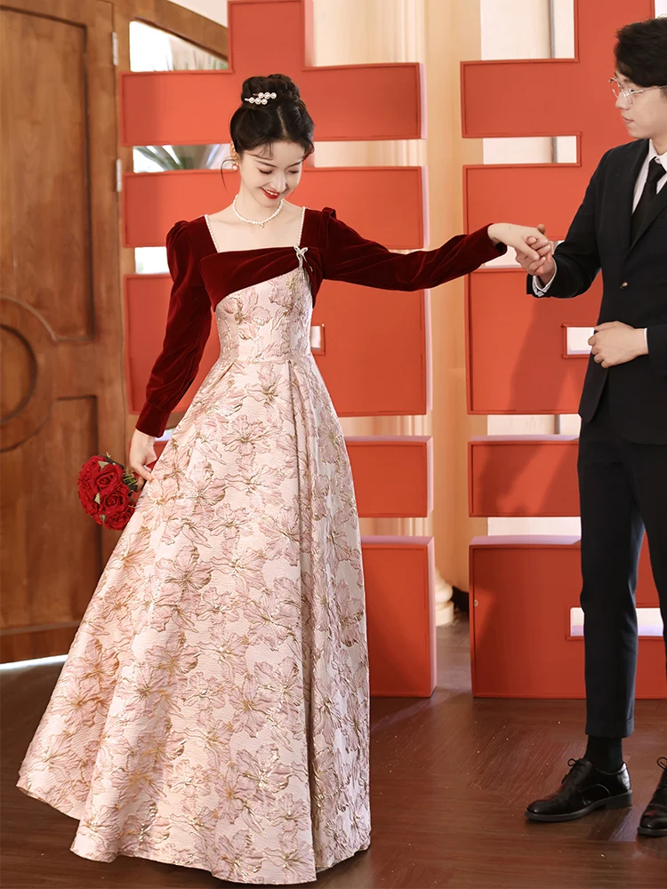 

Red Wedding Dr Evening Gown for Bride Engagement Par Korean Sle Long Sve Floor Length Polyester Fabric Pearl Embell...