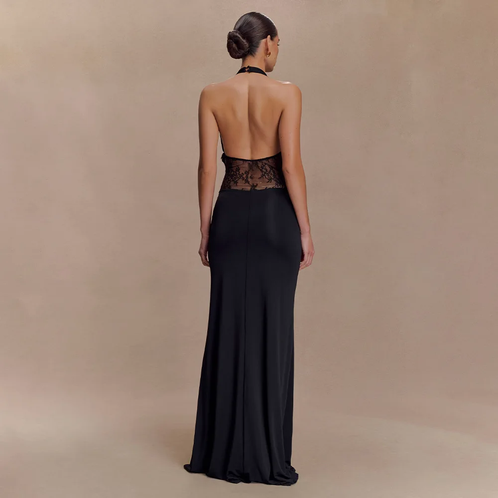 الدانتيل الزخرفية شبه منظور عارية الذراعين الخصر النحيف مثير تنورة طويلة بلون بسيط المتقدمة الخامس الرقبة شنقا الرقبة اللباس #2