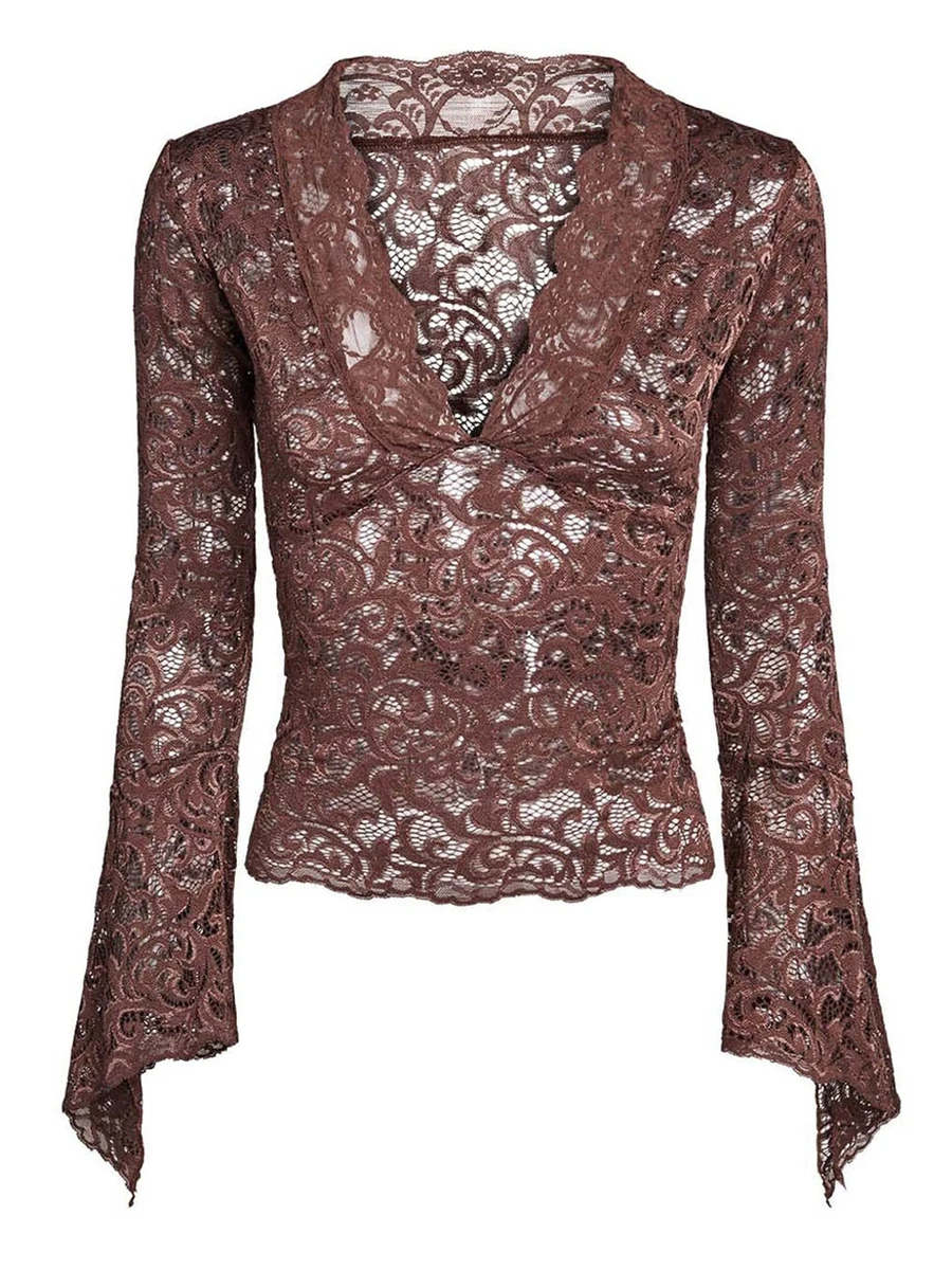 Women Lace Mesh See Through Long Sleeve Tops Sexy Sheer Deep V Neck Floral Lace Shirt Tops Layering Top Blouse