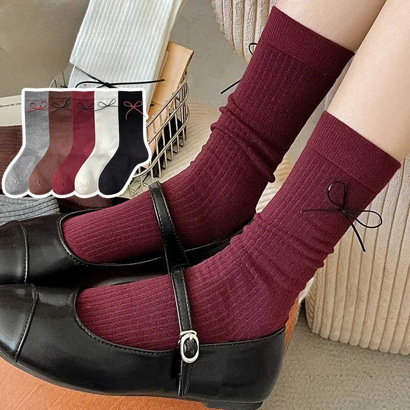 Gray Red Socks Women Autumn and Winter Retro Cotton Knitted Middle-tube Socks Bowknot Japanese Kawaii Cute Socks Christmas Gifts