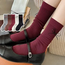 Gray Red Socks Women Autumn and Winter Retro Cotton Knitted Middle-tube Socks Bowknot Japanese Kawaii Cute Socks Christmas Gifts