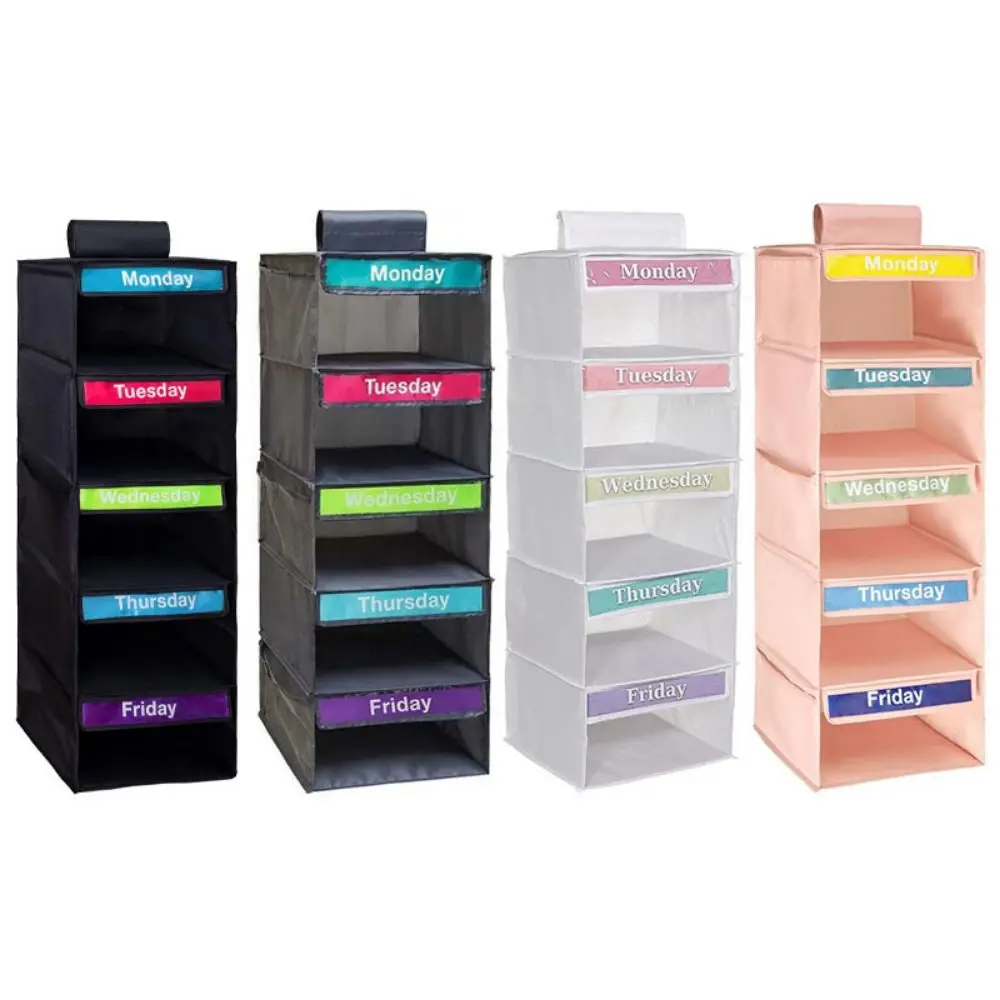 5-layer Kids Daily Clothes Organizer Foldable Label Weekly Clothing Storage Rack Mon.to Fri. Side Pockets