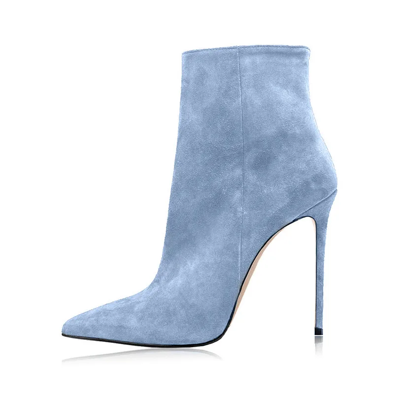 Arden Furtado 2025 Autumn Cow suede Pointed toe Thin heels Side zipper Super high heel Modern boots Extra large size Short boots