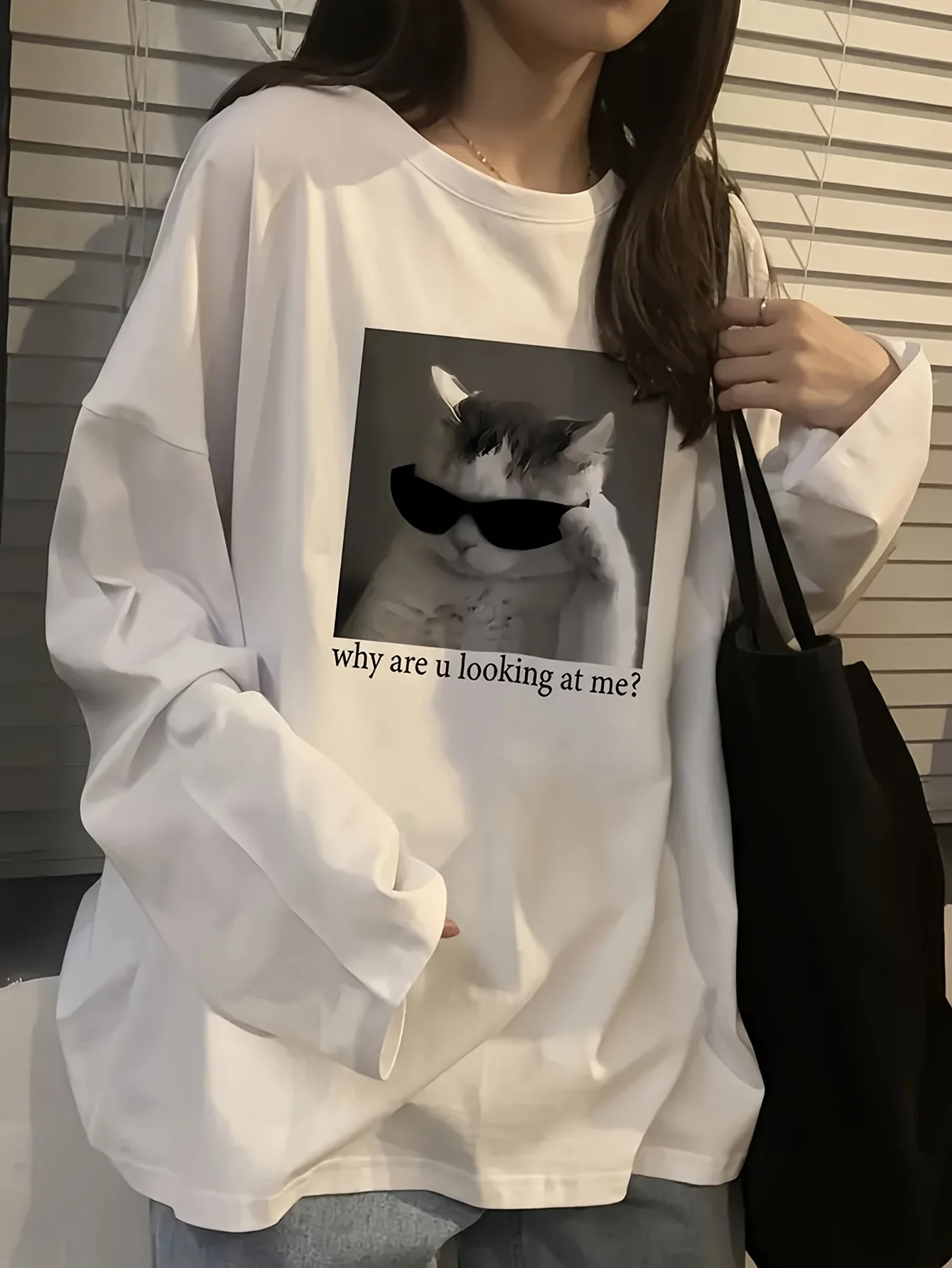 

2025 Ladies Girls Long Sleeve T-shirt Funny Cat Print Versatile Fashion Pure Cotton Comfortable Soft Simple Japanese and Korean