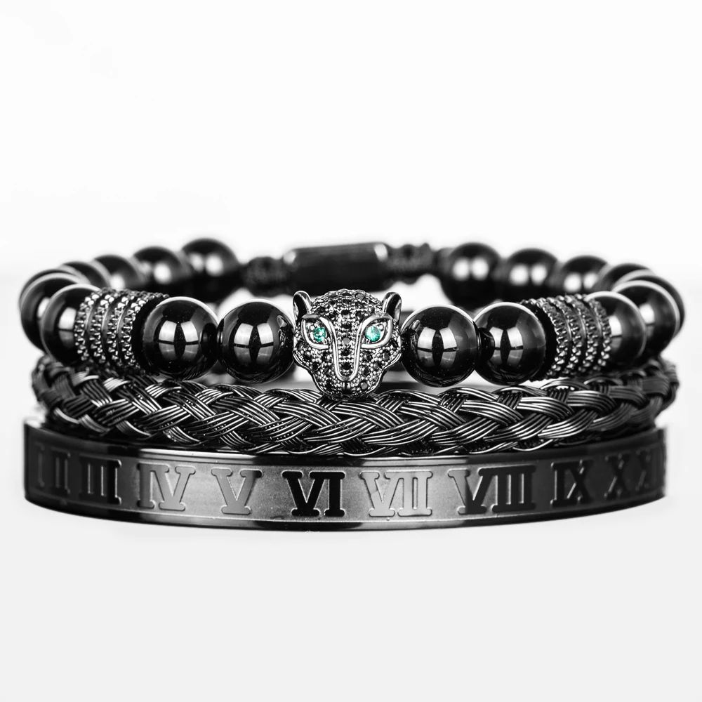 

3pcs/set Bracelet Set for Men Stainless Steel Roman Numeral Bangle Leopard Head Bead Bracelet, Black Agate Beads CZ Jewelry