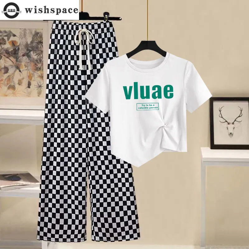 

Korean Version Slim Printed Irregular Slimming T-shirt Top+ice Silk Checkerboard Wide Leg Pants Casual Two-piece Set for Women